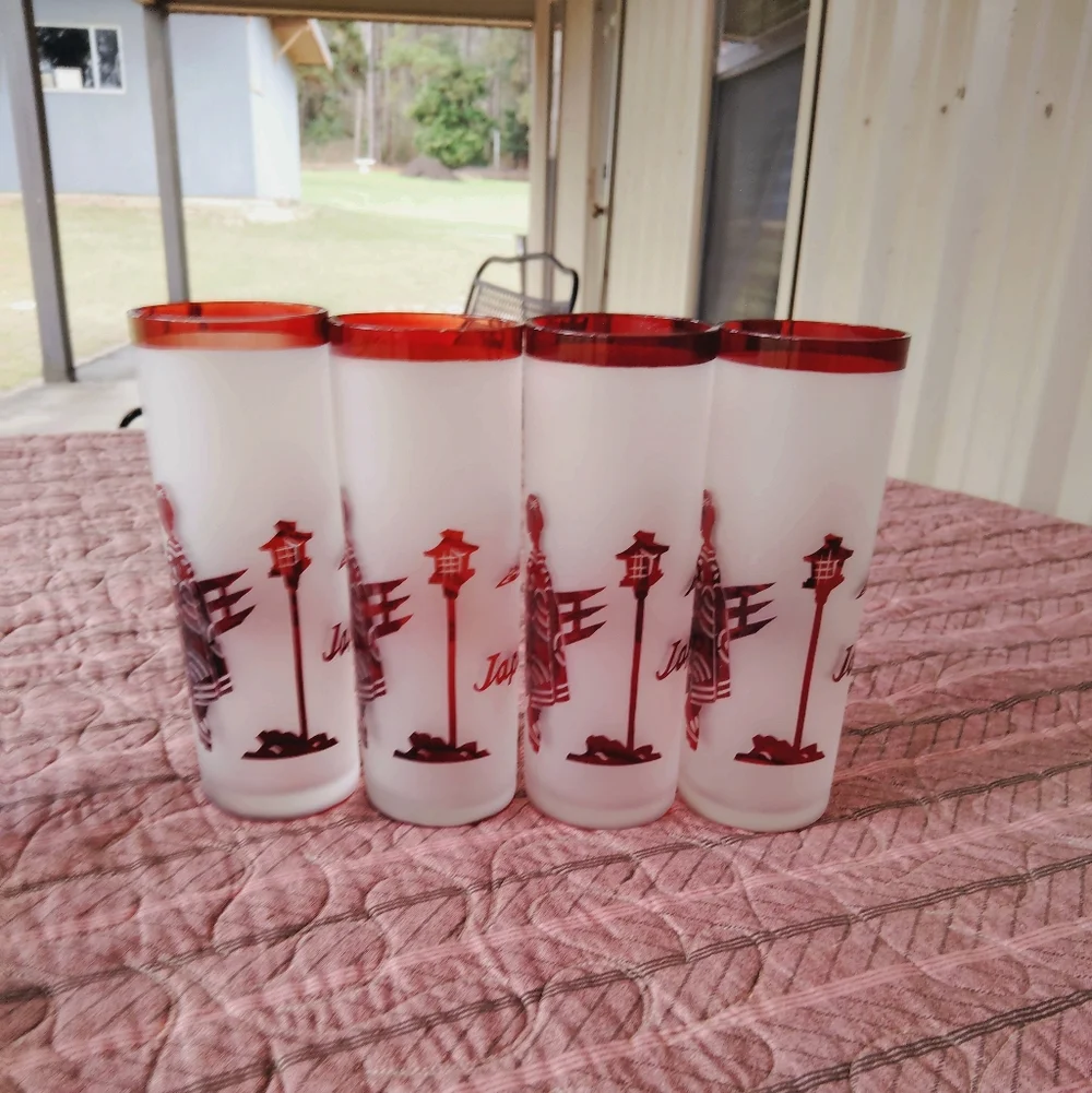 Vintage MCM Noritake Frosted Ruby Red Tall Collins Drinking Glasses Barware Bar